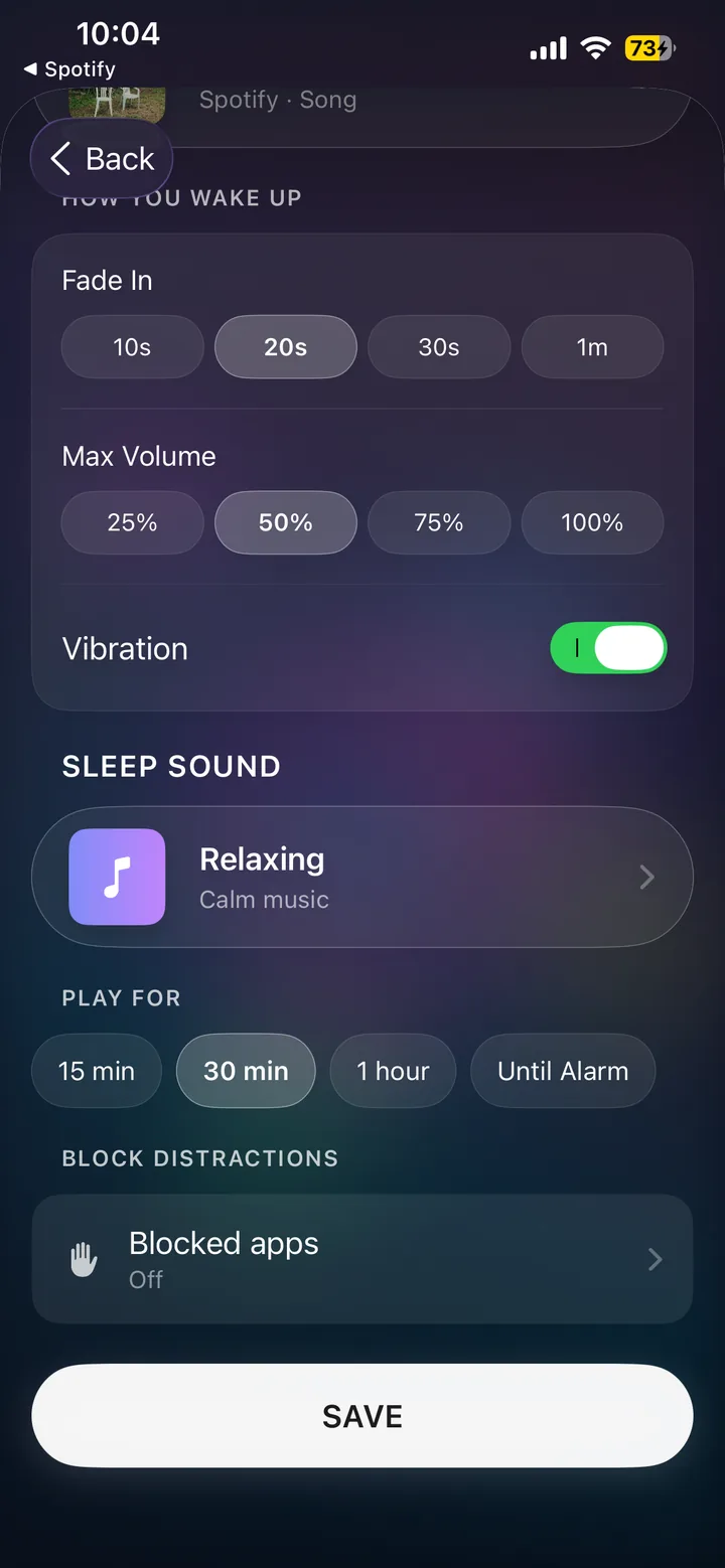 The Block Distractions section at the bottom of a LuxRise alarm, showing the Blocked apps row set to Off
