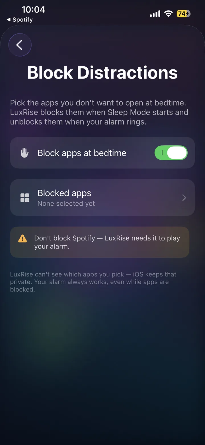 Block Distractions with the bedtime toggle on and a warning not to block Spotify